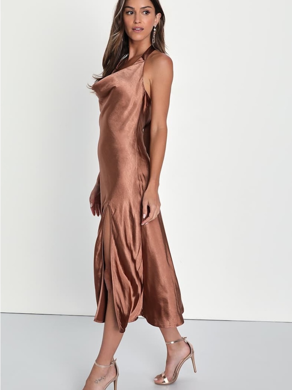Lulus Sophisticated Impression Brown Satin Backless Cowl Midi Dress NWT –Size M - Picture 4 of 12